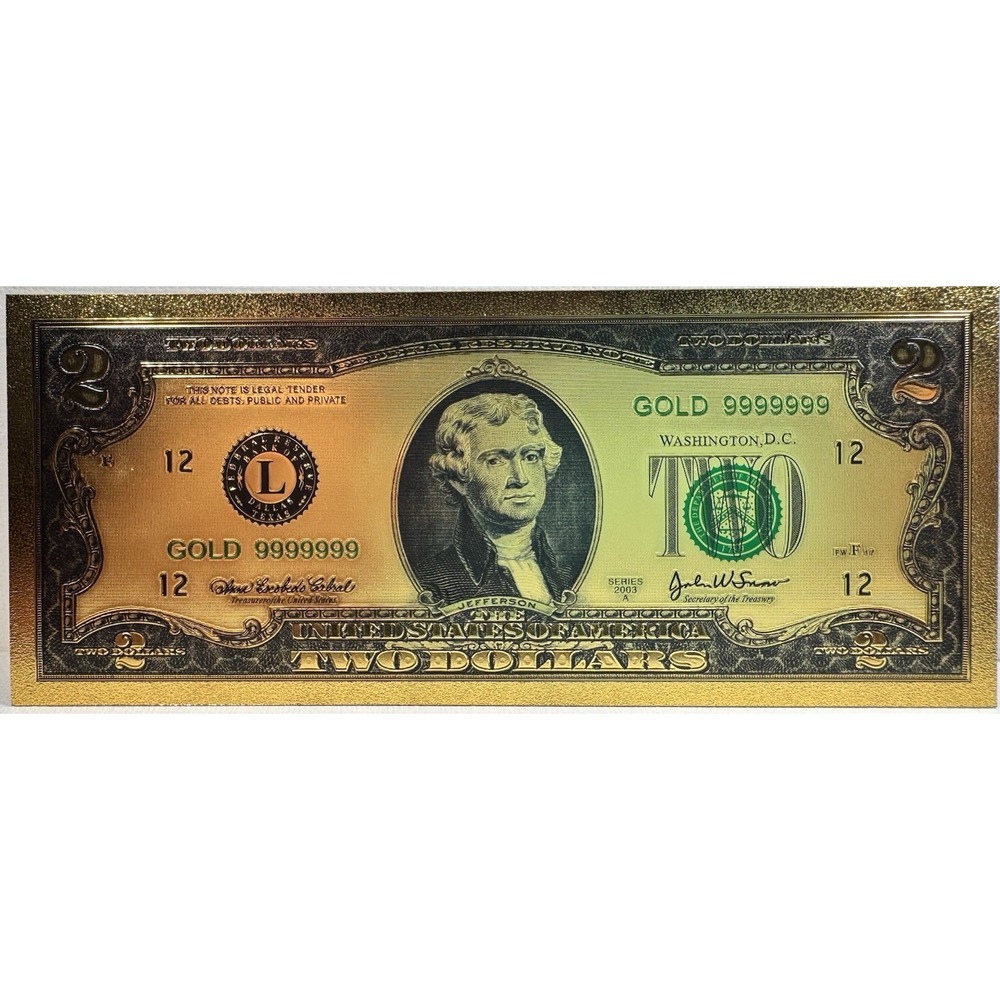 24K Gold Foil $2 Bill – Thomas Jefferson Two Dollar Note Novelty Collectible